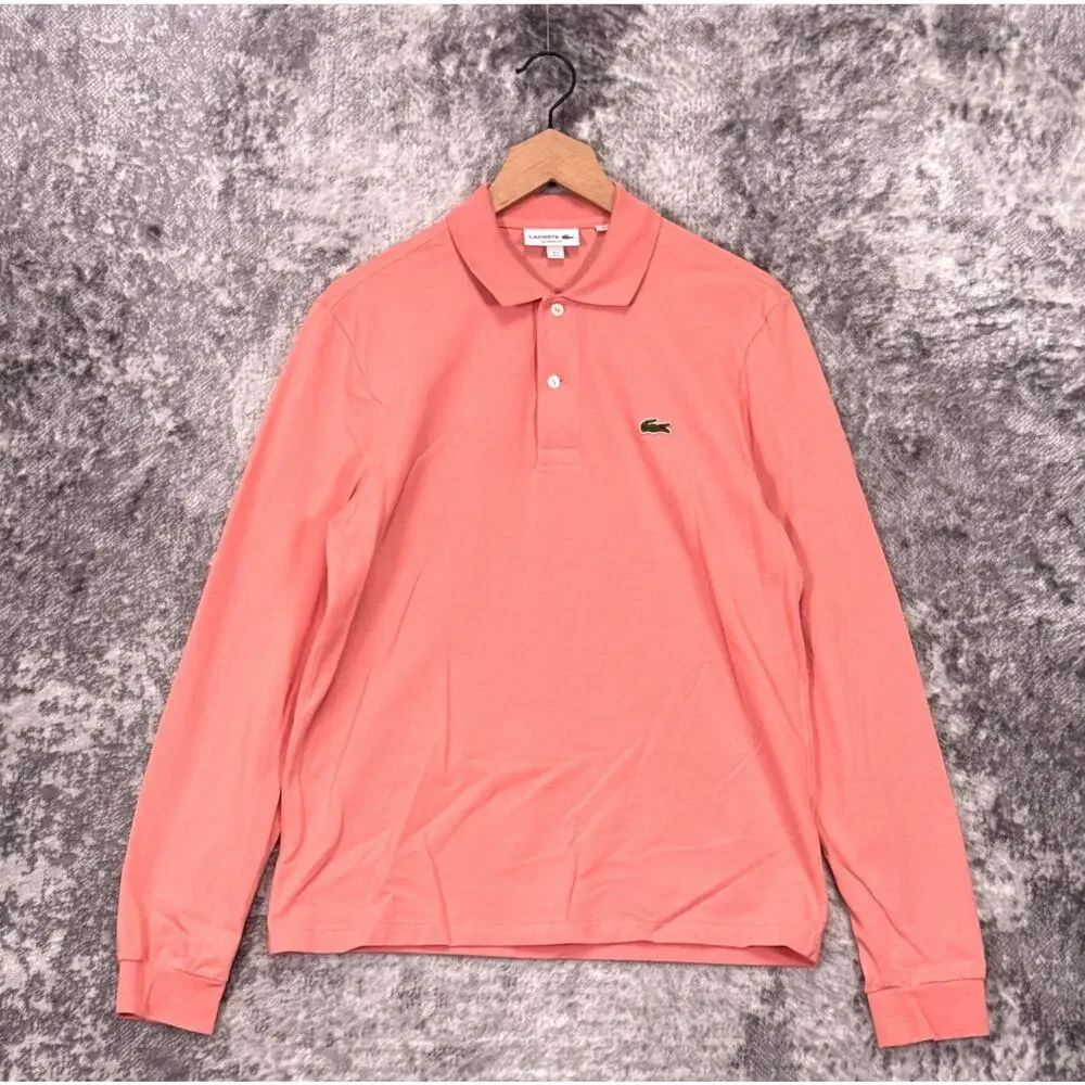 Lacoste Classic Fit Polo Shirt Small Mens Pink Mesh Pique Long Sleeve